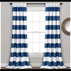 Navy and white striped curtain panels